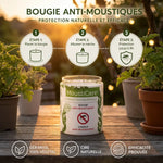 Bougie anti-moustiques MoustiCare avec géraniol végétal, mode d'emploi en 3 étapes sur table extérieure