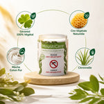 Bougie anti-moustiques MoustiCare® avec ingrédients naturels : géraniol, cire végétale, citronnelle