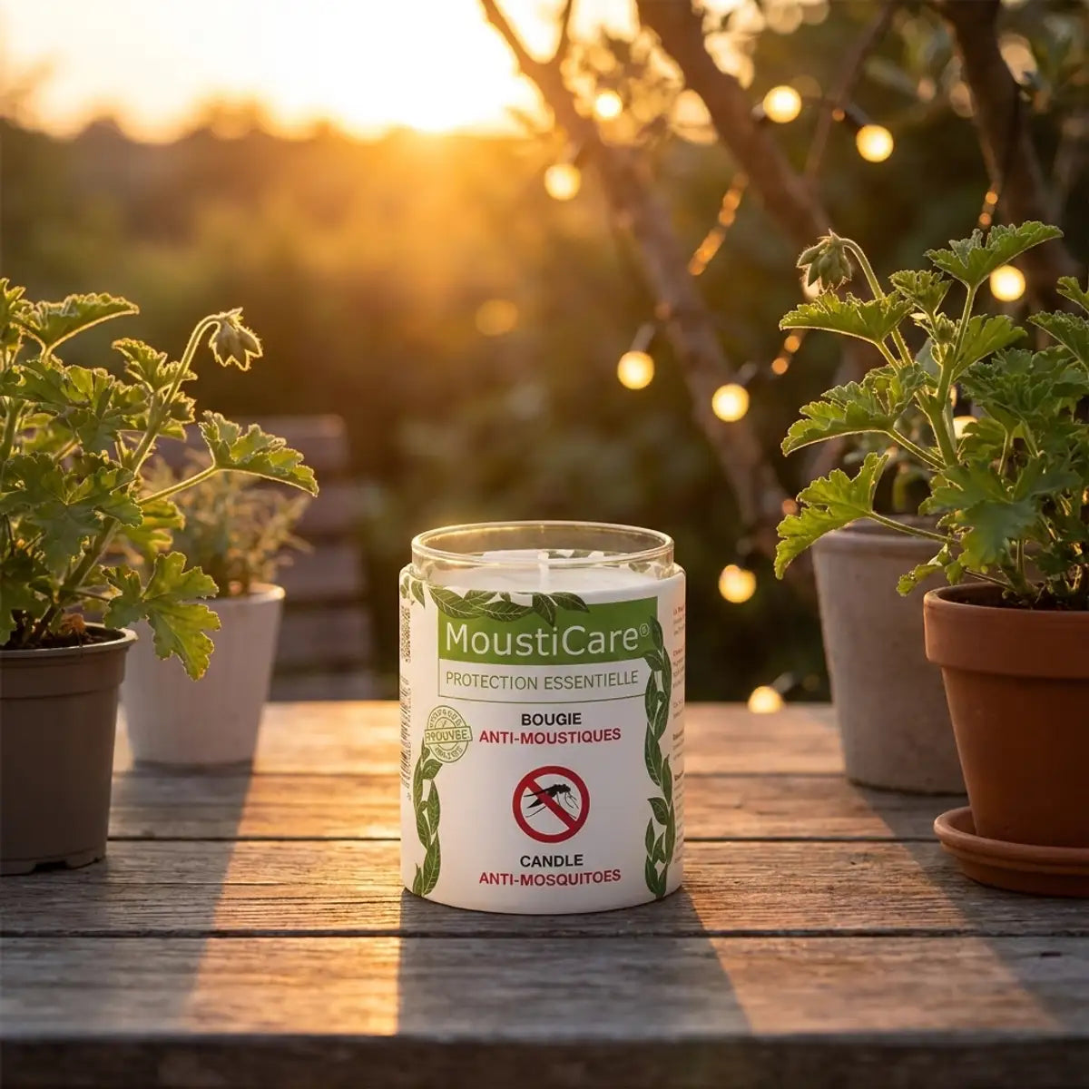 Bougie anti-moustiques MoustiCare sur table en bois avec plantes citronelle en arrière-plan