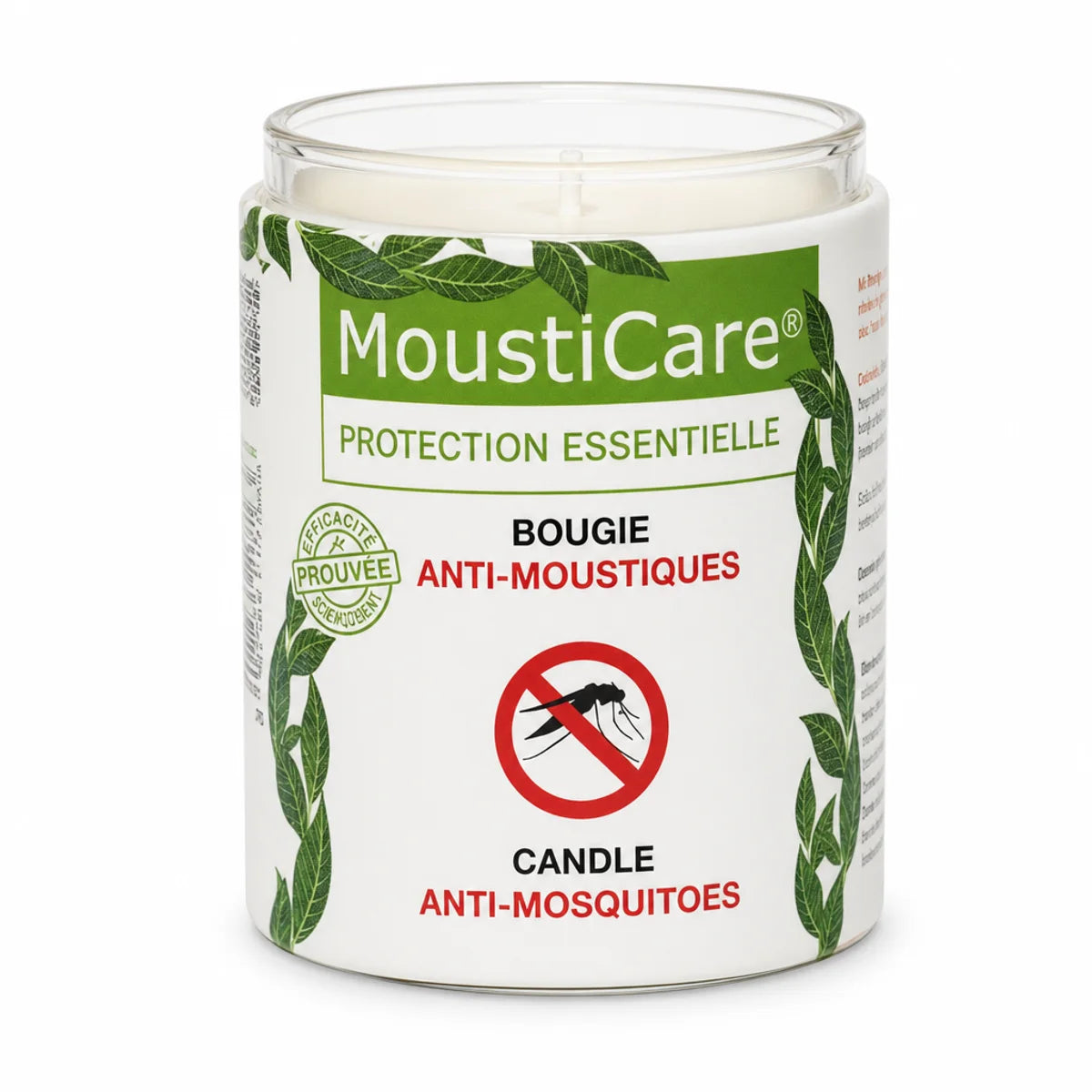 Bougie anti-moustiques MoustiCare en pot de cire végétale blanche sur fond blanc