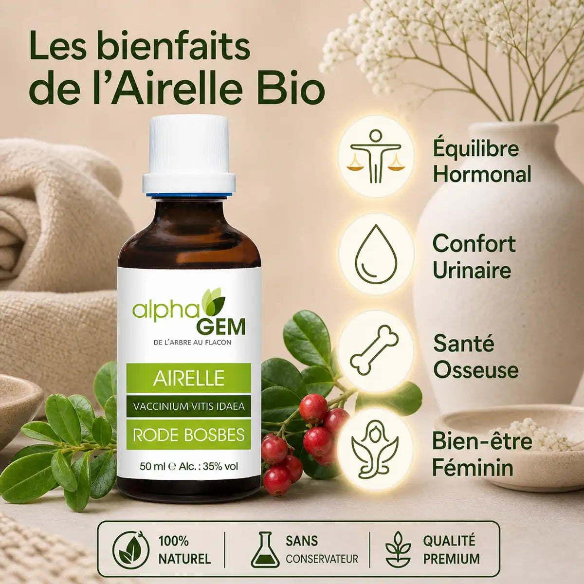 Bourgeons Airelle Bio Alphagem flacon 50ml avec baies rouges fraîches, bénéfices santé féminine