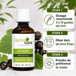 Bourgeons Cassis Bio Alphagem avec baies fraîches et guide dosage 5-15 gouttes