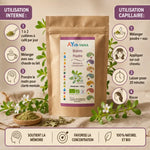 Brahmi Bio poudre Ayurvana 150g avec guide d'utilisation interne et capillaire sur fond beige
