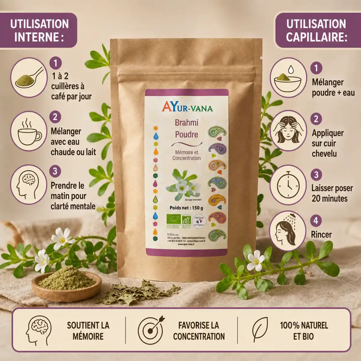 Brahmi Bio poudre Ayurvana 150g avec guide d'utilisation interne et capillaire sur fond beige