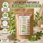 Brahmi Bio poudre Ayurvana avec Bacopa monnieri, alcaloïdes et antioxydants certifiés Bio