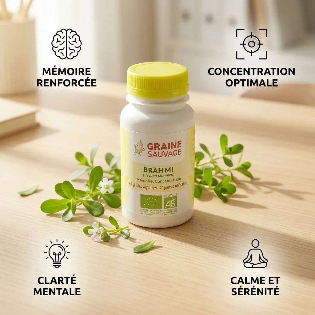 Brahmi Bio gélules Graine Sauvage avec bénéfices: mémoire, concentration, clarté mentale et sérénité