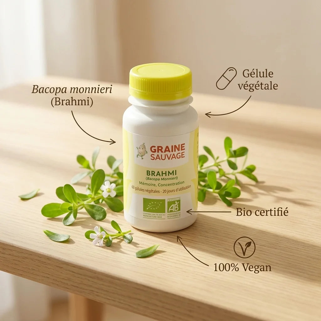Brahmi Bio gélules Graine Sauvage avec plante Bacopa monnieri, certification bio et vegan