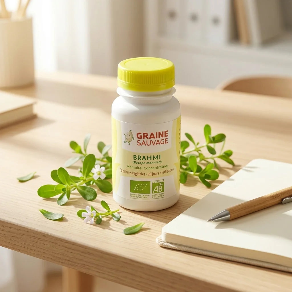 Brahmi bio vegan Graine Sauvage en gélules avec feuilles vertes fraîches sur bureau
