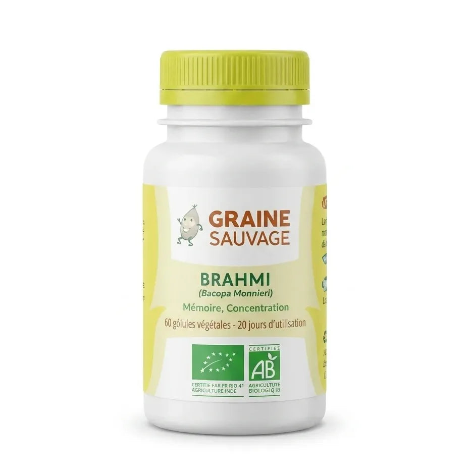 Brahmi Bio en gélules Graine Sauvage - complément alimentaire vegan flacon jaune-vert