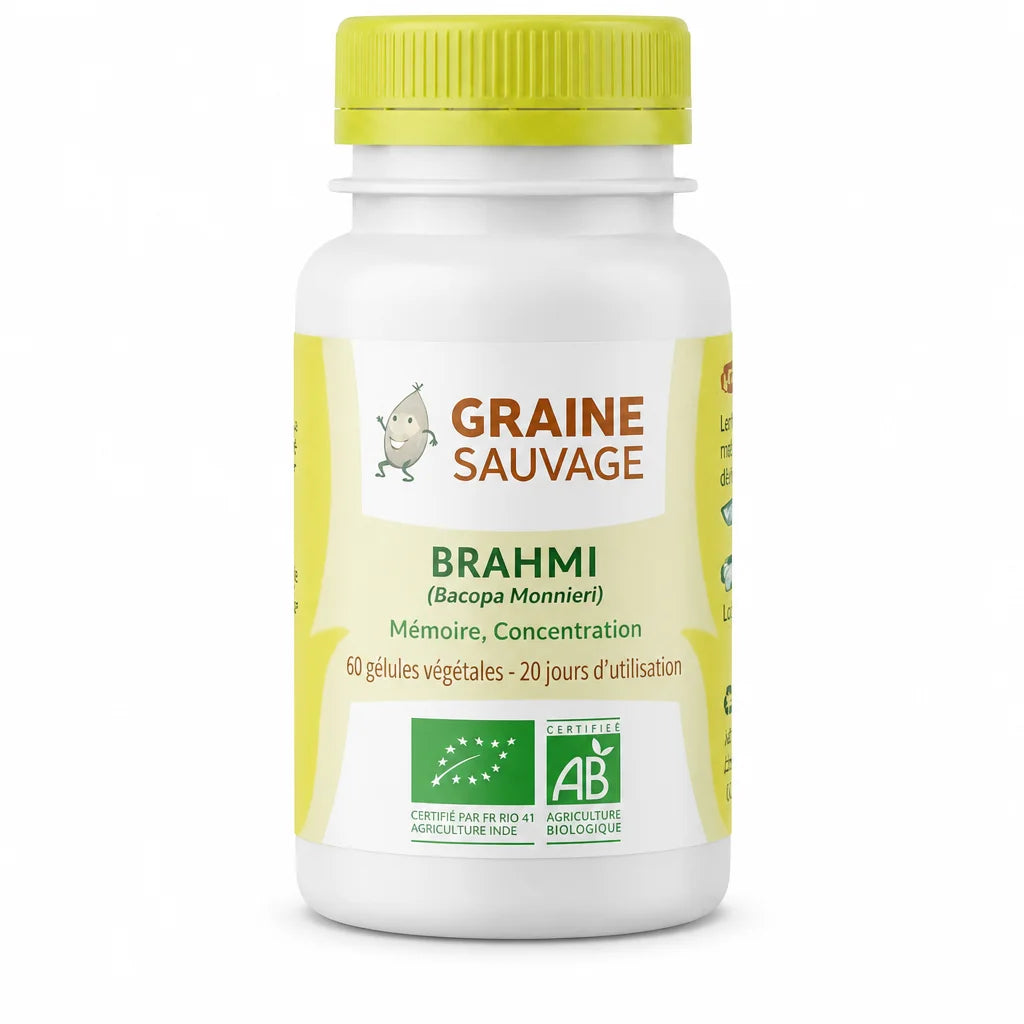 Brahmi Bio vegan en gélules Graine Sauvage, complément alimentaire naturel en flacon sur fond blanc