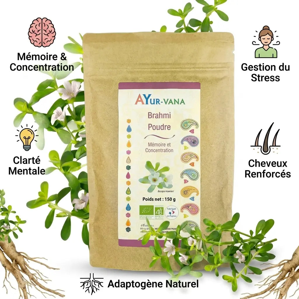 Brahmi Bio poudre Ayurvana 150g - Mémoire, concentration, stress et cheveux renforcés
