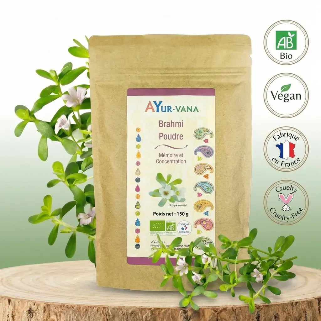 Poudre Brahmi Bio Ayurvana 150g certifiée AB avec plante fraîche et labels vegan