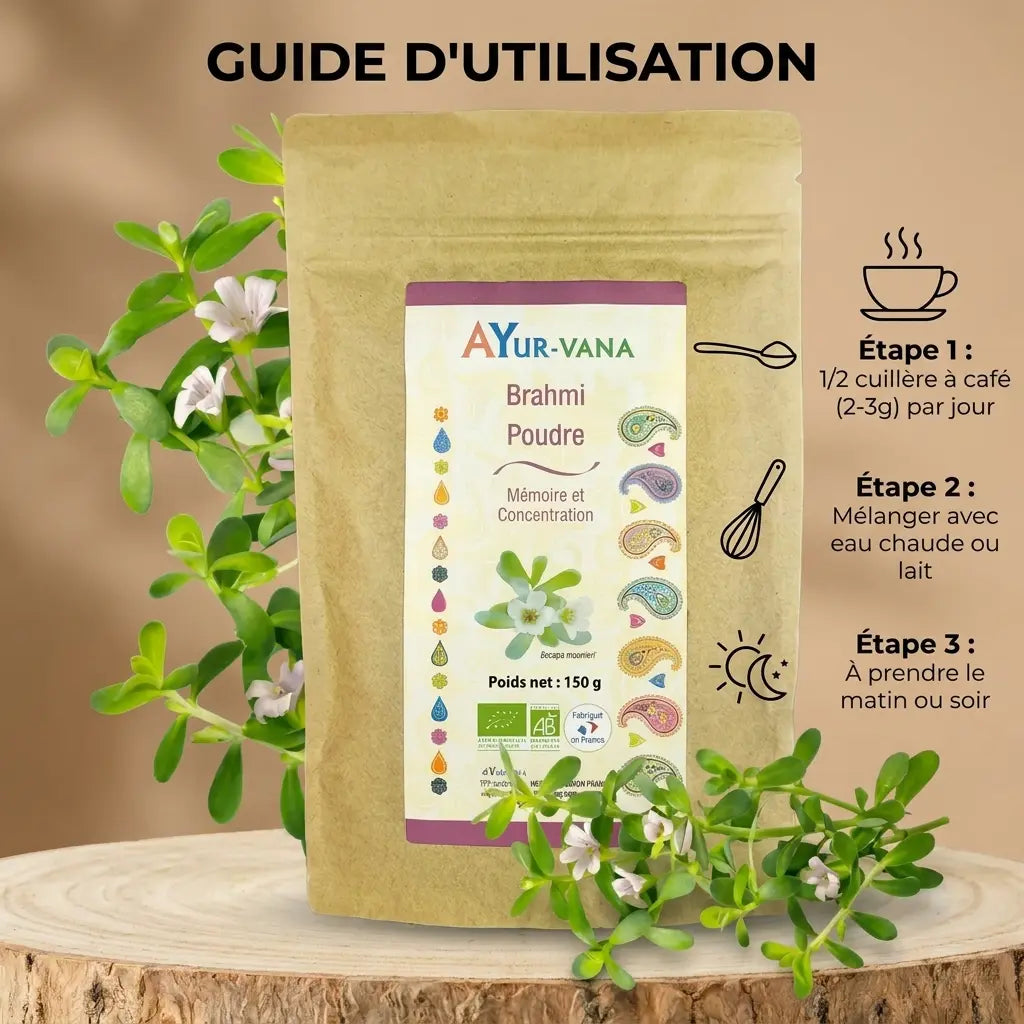 Poudre Brahmi Bio Ayurvana 150g avec guide d'utilisation et plante Bacopa monnieri