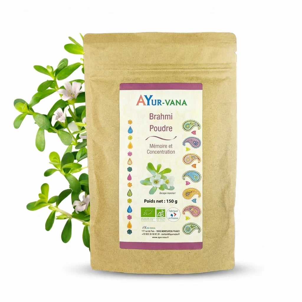Brahmi Bio poudre Ayurvana 150g sachet kraft avec étiquette violette, produit ayurvédique