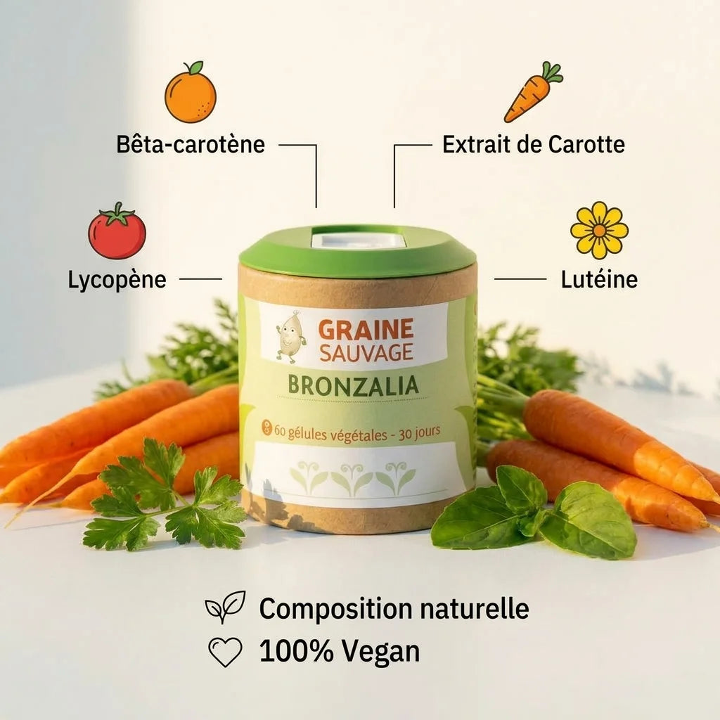 Bronzalia complément bronzage vegan en gélules avec ingrédients naturels bêta-carotène et carotte