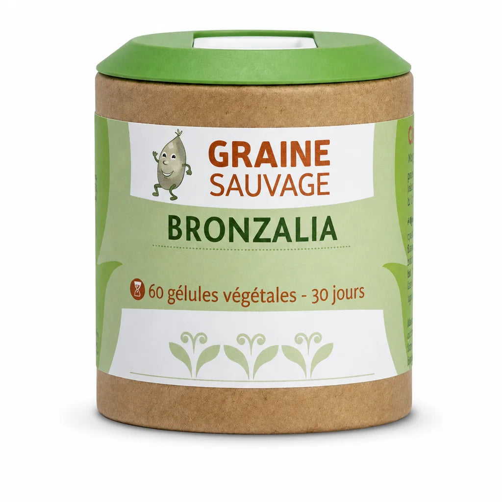 Bronzalia complément bronzage vegan en gélules, flacon avec étiquette verte de la marque Graine Sauvage