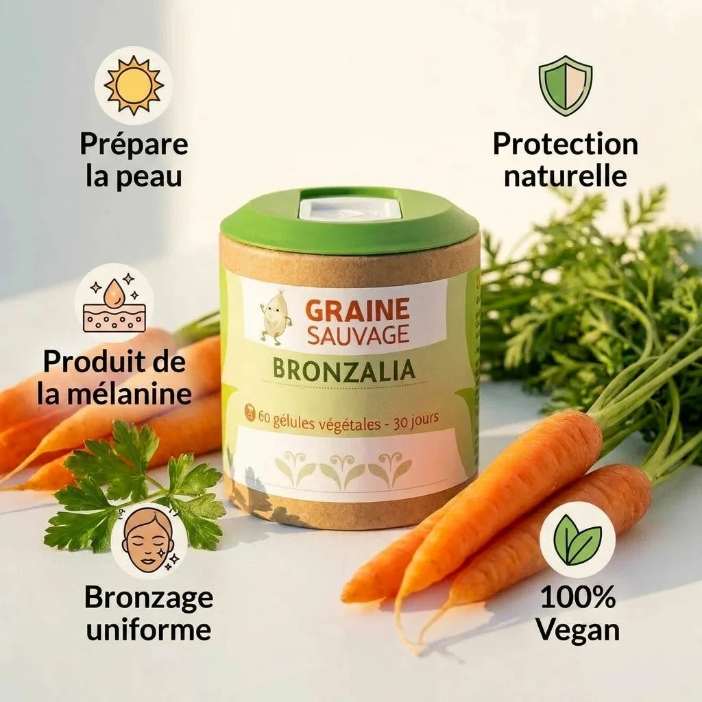 Bronzalia Vegan gélules préparation bronzage naturel avec bénéfices protection mélanine uniforme