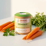 Bronzalia Vegan en gélules avec carottes et persil frais, packaging premium bien visible