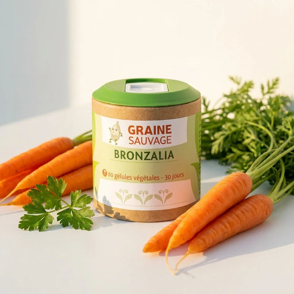 Bronzalia Vegan en gélules avec carottes et persil frais, packaging premium bien visible
