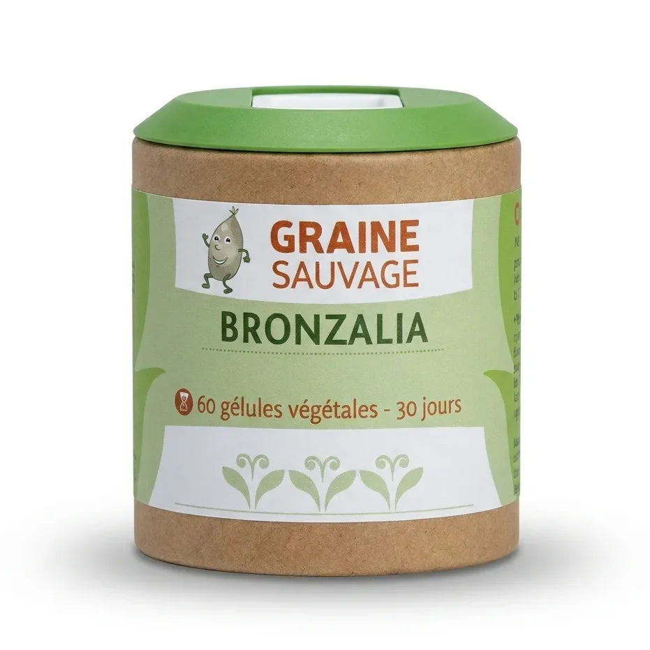 Bronzalia supplément vegan en gélules, bouteille avec bouchon vert sur fond blanc