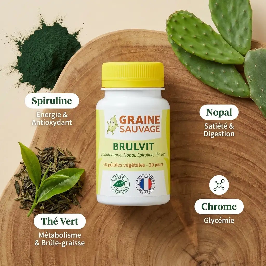Brulvit Vegan en gélules avec ingrédients naturels : thé vert, spiruline, nopal et chrome