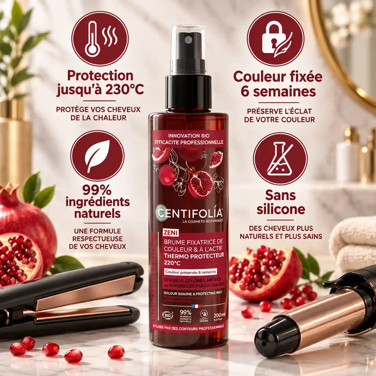 Brume fixatrice bio Centifolia 200ml - Protection thermique jusqu'à 230°C et fixation couleur