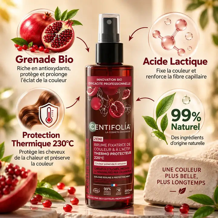 Brume fixatrice Centifolia bio 200ml avec grenade, acide lactique et protection thermique 230°C