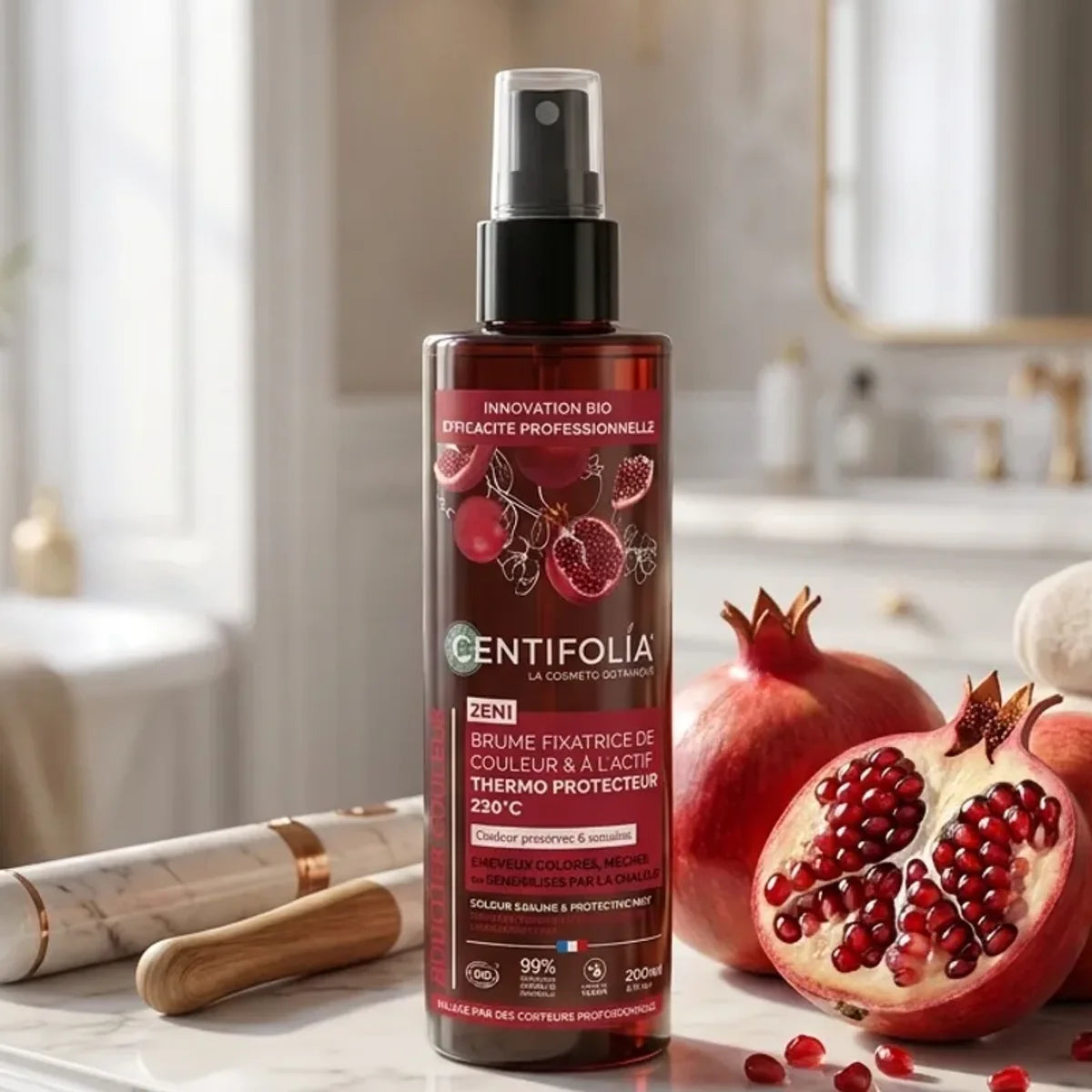 Brume fixatrice Centifolia bio 200ml avec pomegranades et accessoires coiffure sur marbre