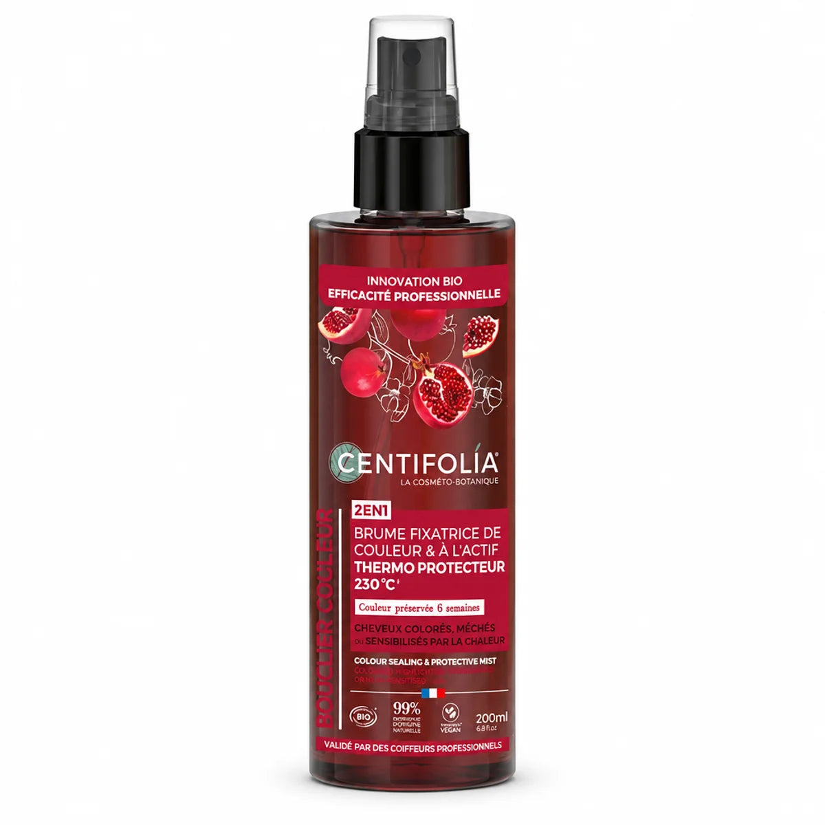 Brume fixatrice bio Centifolia 200ml rouge avec pompe noire, thermoprotecteur certifié