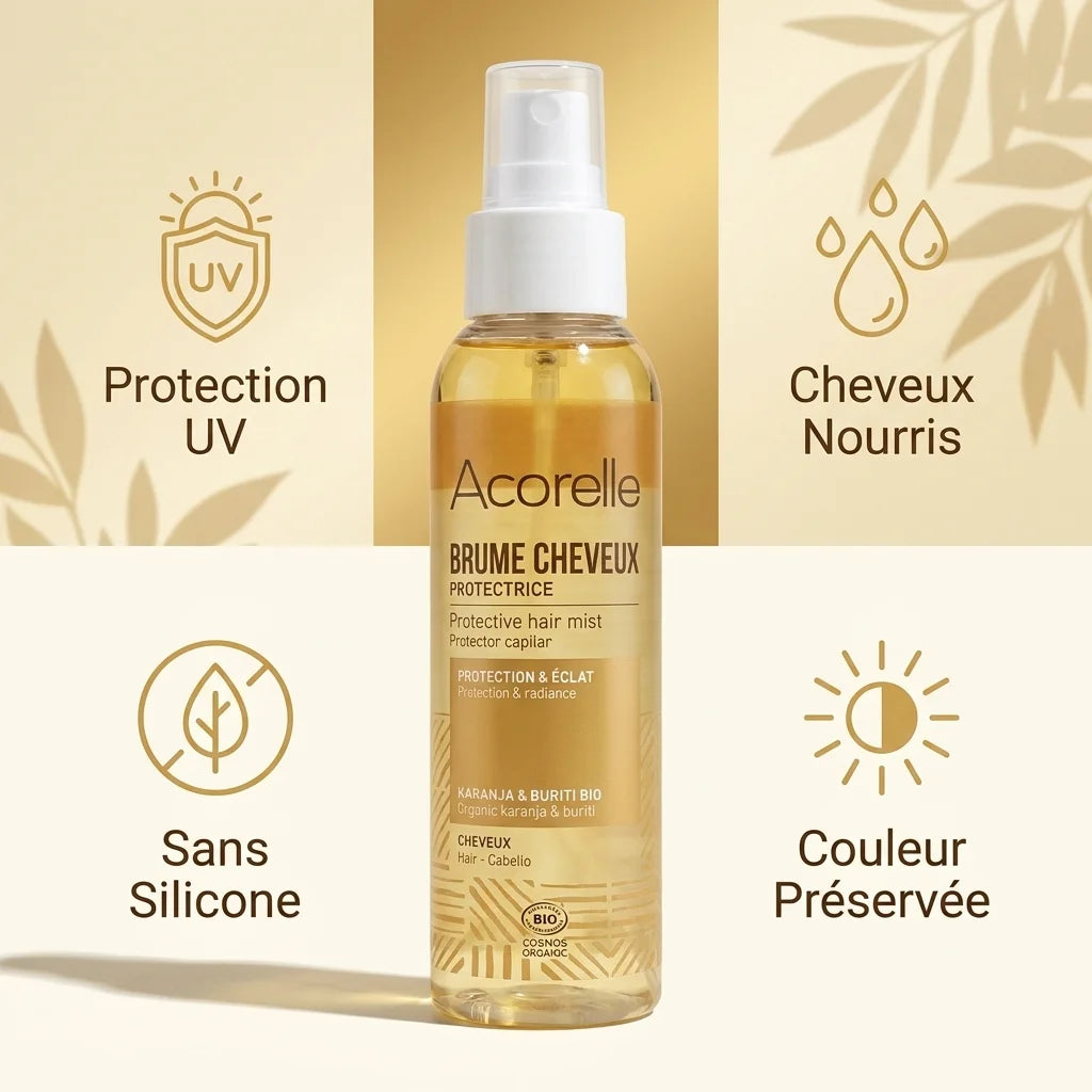 Brume protectrice cheveux bio Acorelle avec bénéfices UV, nutrition et couleur préservée