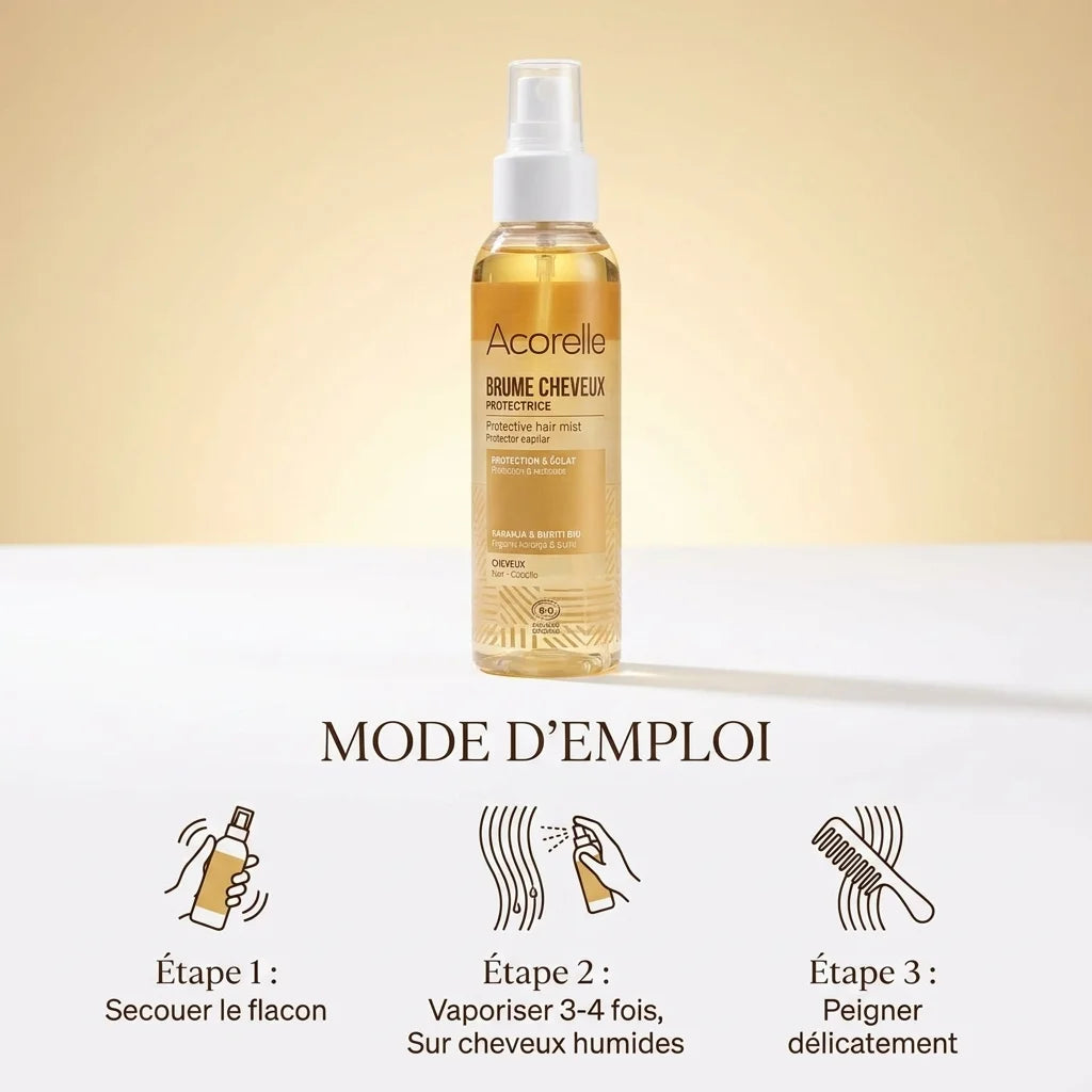 Brume protectrice cheveux bio Acorelle avec mode d'emploi étapes application sur cheveux humides