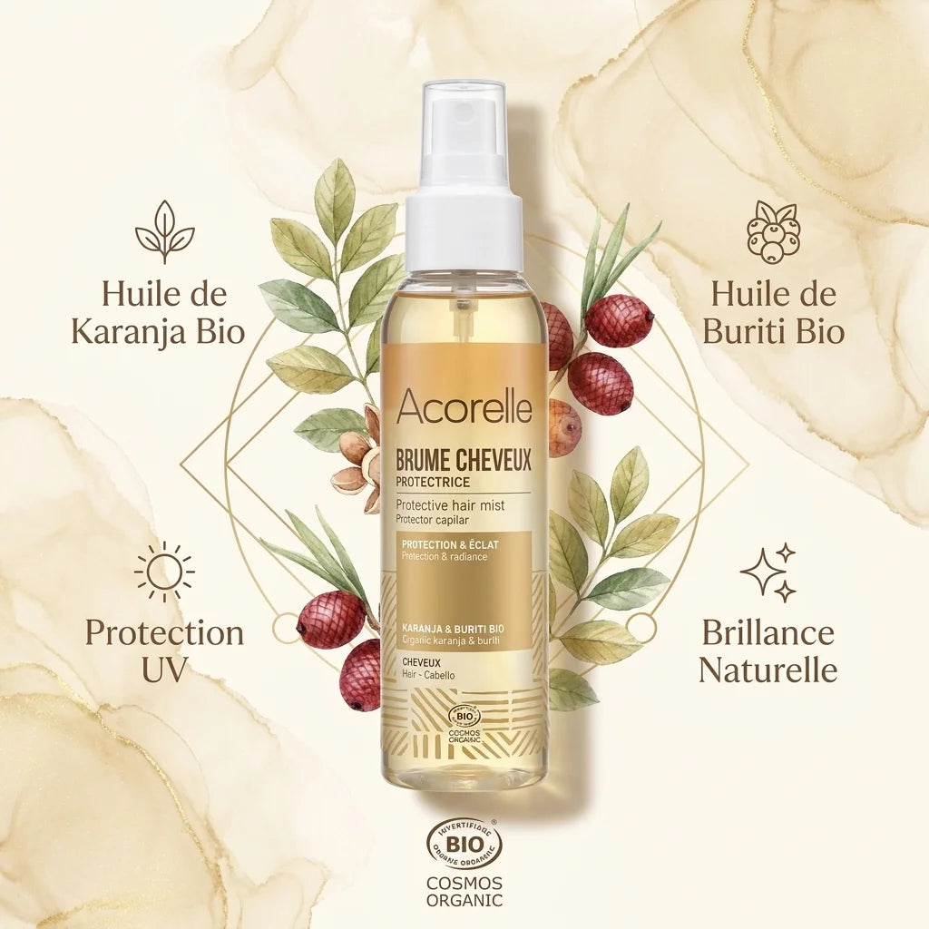 Brume protectrice cheveux Acorelle Bio avec huiles de karanja et buriti en flacon spray