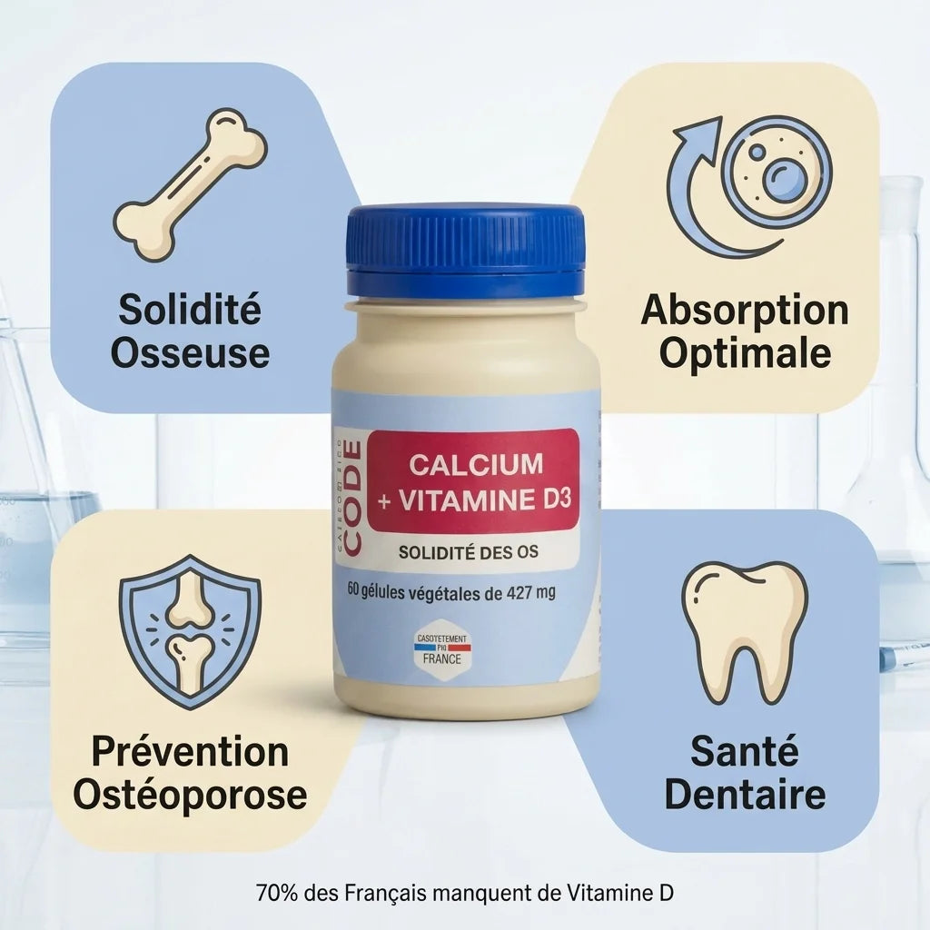 Supplément Calcium Vitamine D3 avec bénéfices: solidité osseuse, absorption optimale, prévention ostéoporose et santé dentaire