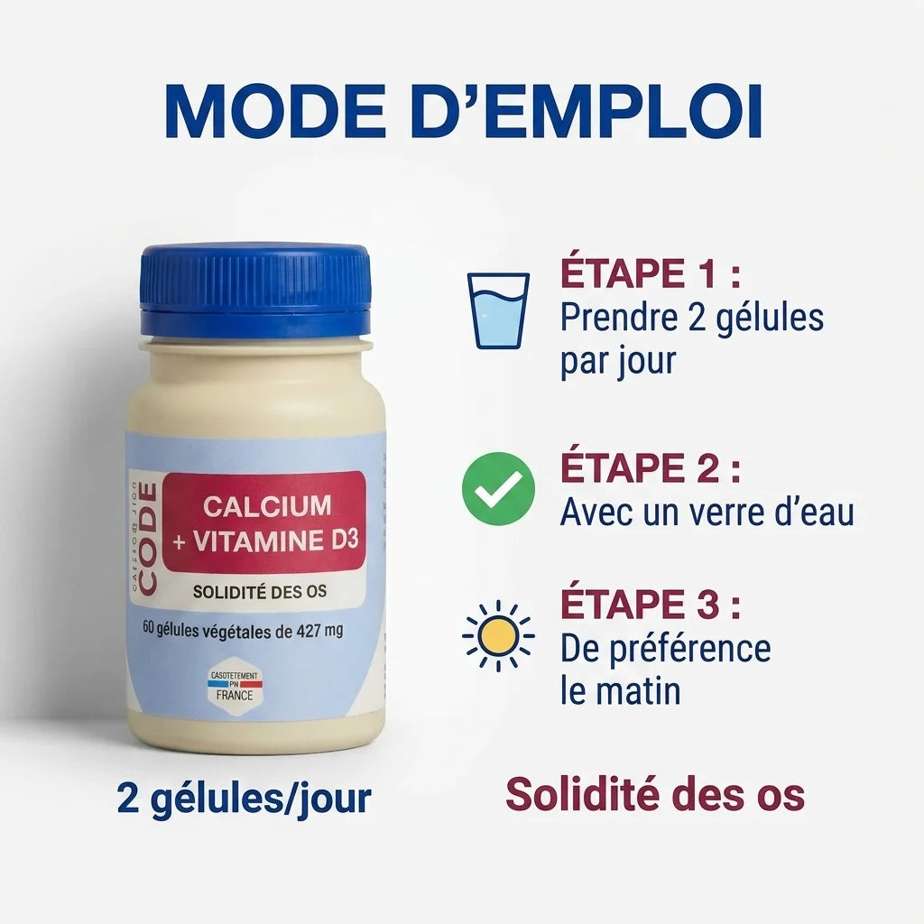 Flacon Calcium Vitamine D3 avec mode d'emploi : 2 gélules par jour pour la solidité des os