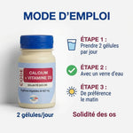 Flacon Calcium Vitamine D3 avec mode d'emploi : 2 gélules par jour pour la solidité des os