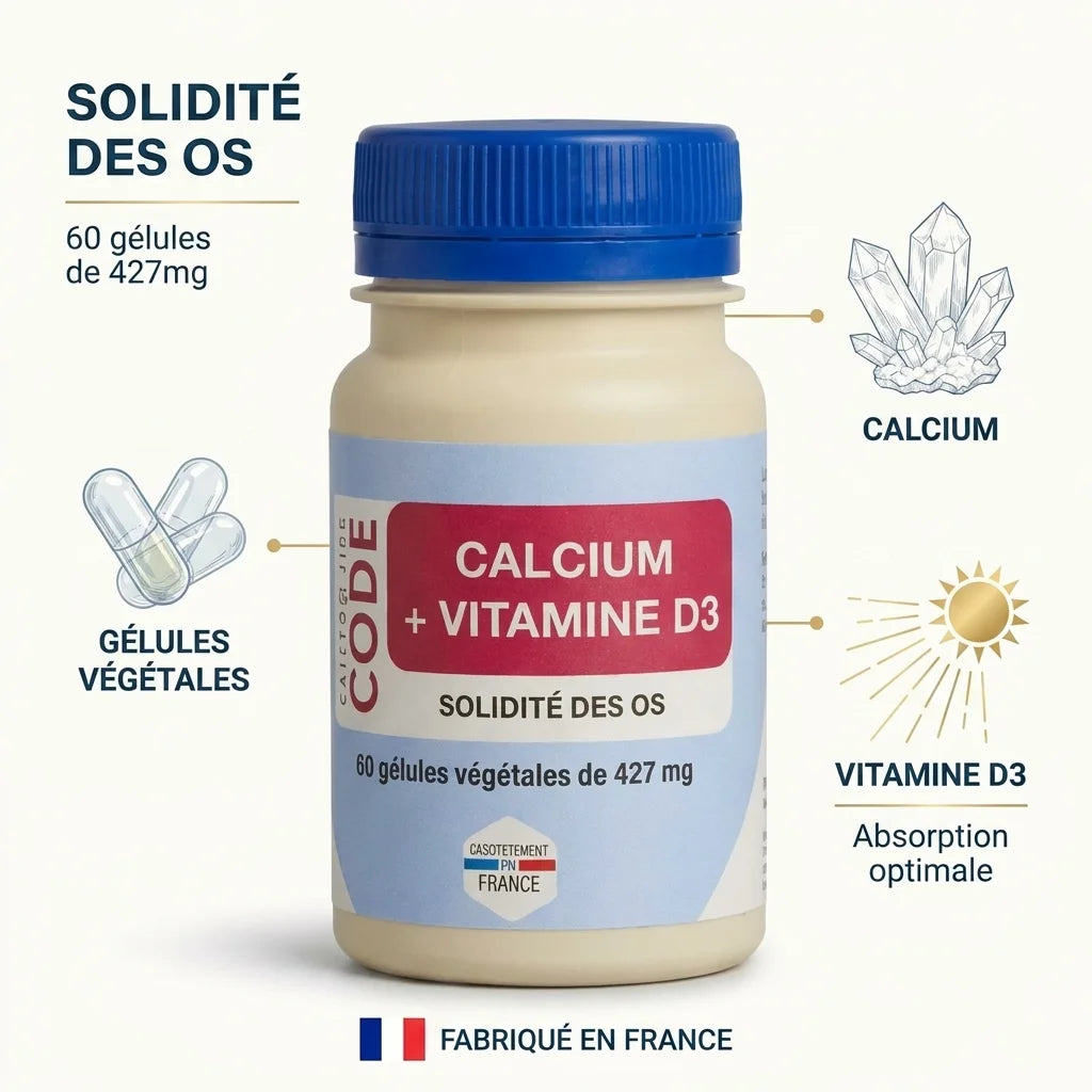 Calcium + Vitamine D3 en gélules Laboratoire CODE, 60 gélules de 427mg pour solidité osseuse