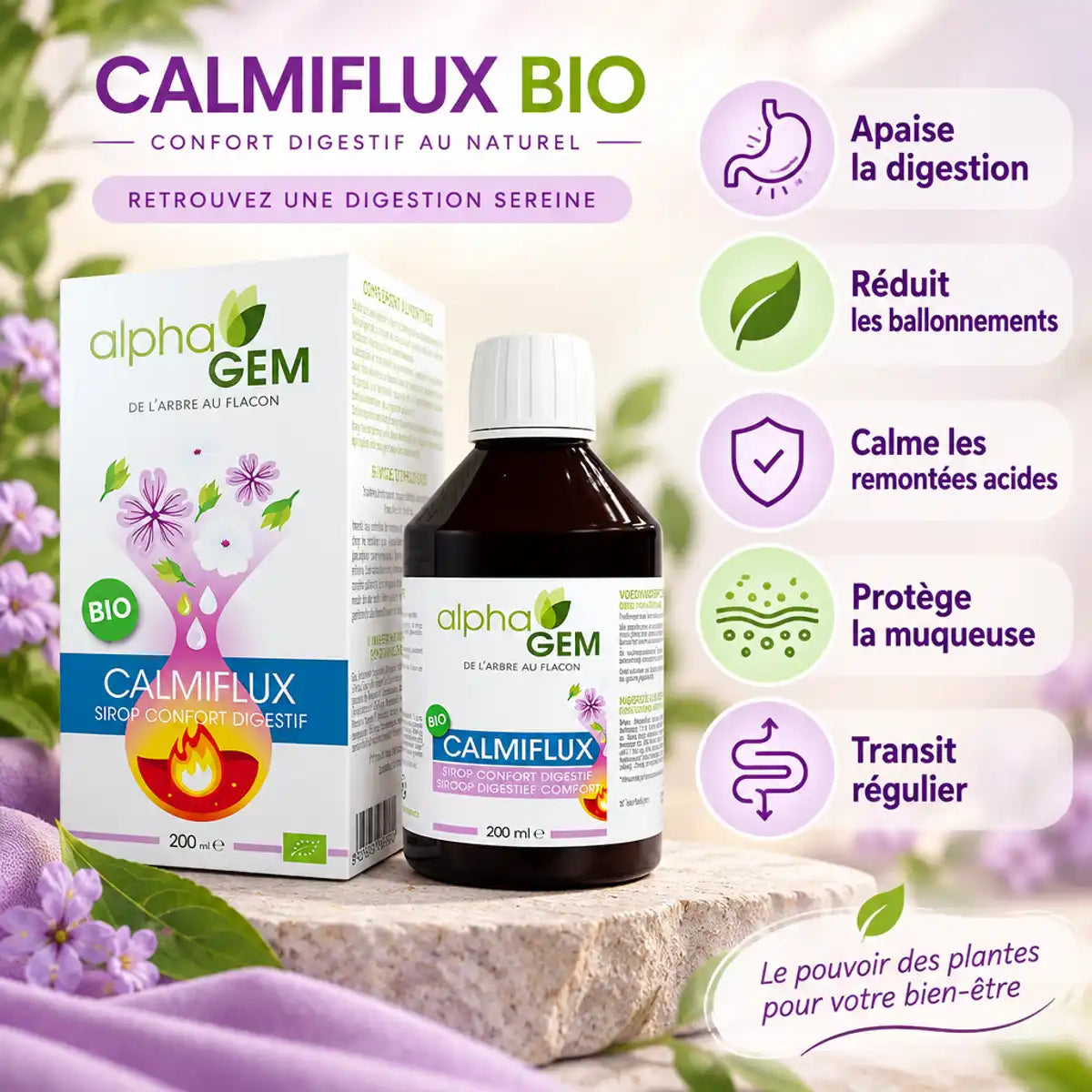 Calmiflux bio 200ml avec 5 bénéfices : digestion, ballonnements, remontées acides, muqueuse, transit