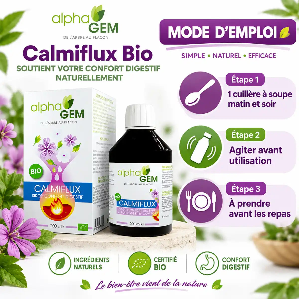 Calmiflux bio 200ml Alphagem avec mode d'emploi et instructions d'utilisation en infographie