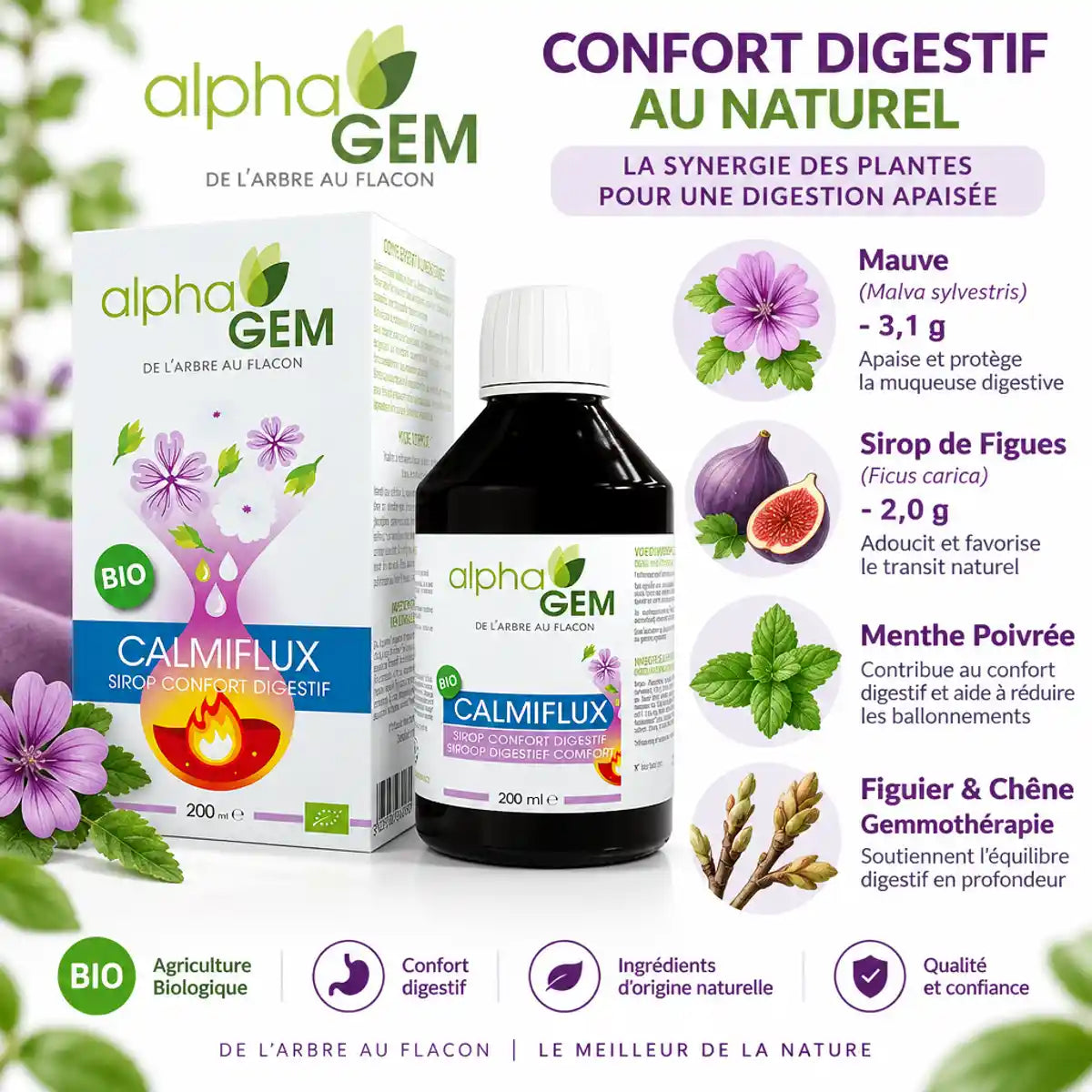 Calmiflux Bio 200ml Alphagem avec ingrédients naturels mauve, figues et menthe poivrée