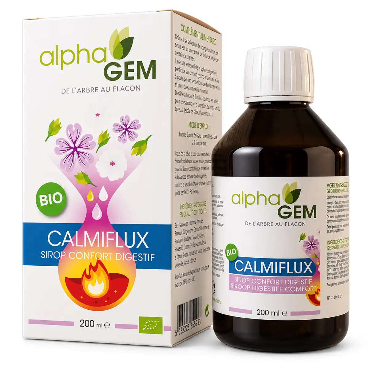 Calmiflux bio bouteille 200ml Alphagem avec boîte packaging fond blanc