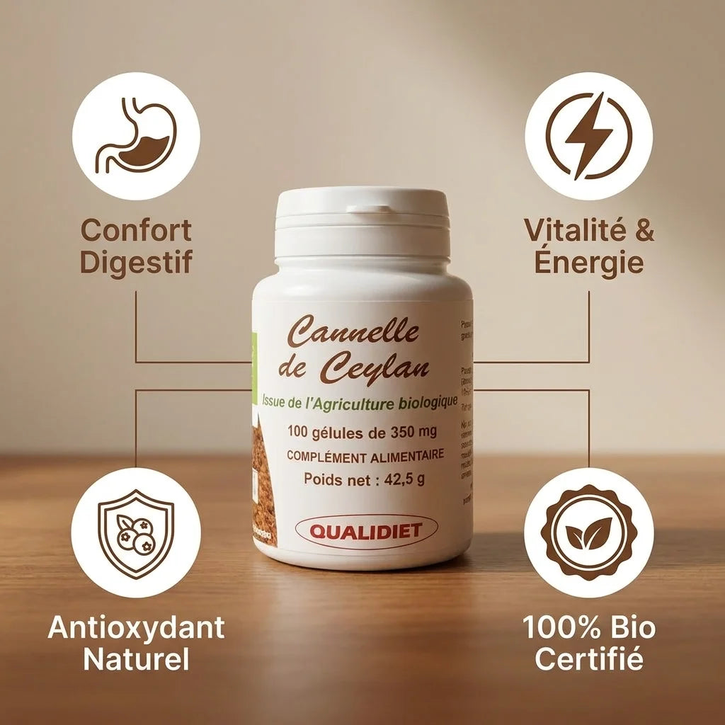 Cannelle de Ceylan bio en gélules Vital Osmose avec ses 4 bénéfices: confort digestif, vitalité, antioxydant