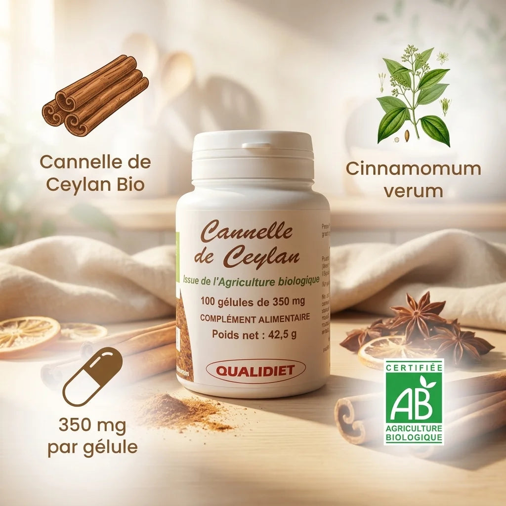 Bouteille Cannelle de Ceylan bio gélules Vital Osmose avec bâtons cannelle et infos nutritionnelles