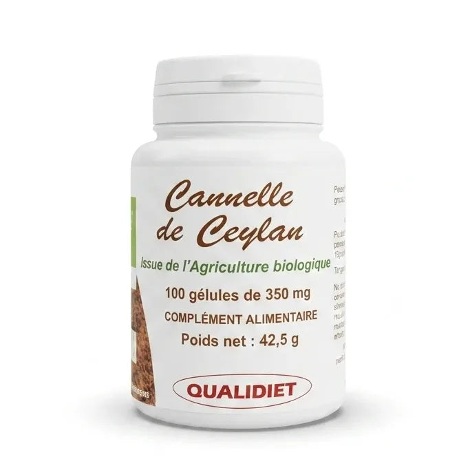 Bouteille de Cannelle de Ceylan bio en gélules Vital Osmose, 100 capsules 350mg sur fond blanc