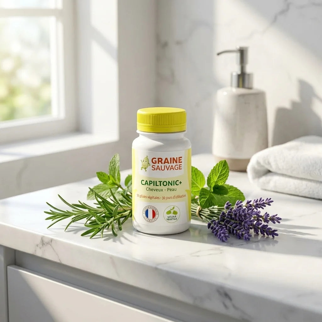 Capiltonic+ 90 gélules anti-chute cheveux avec herbes naturelles sur vanité salle bain