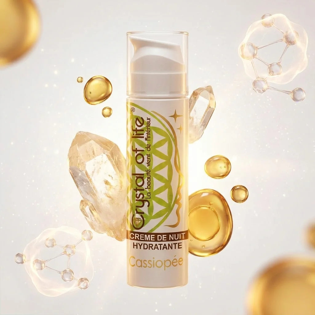 Cassiopée crème de nuit anti-âge avec ingrédients naturels et cristaux, packaging luxe fond blanc