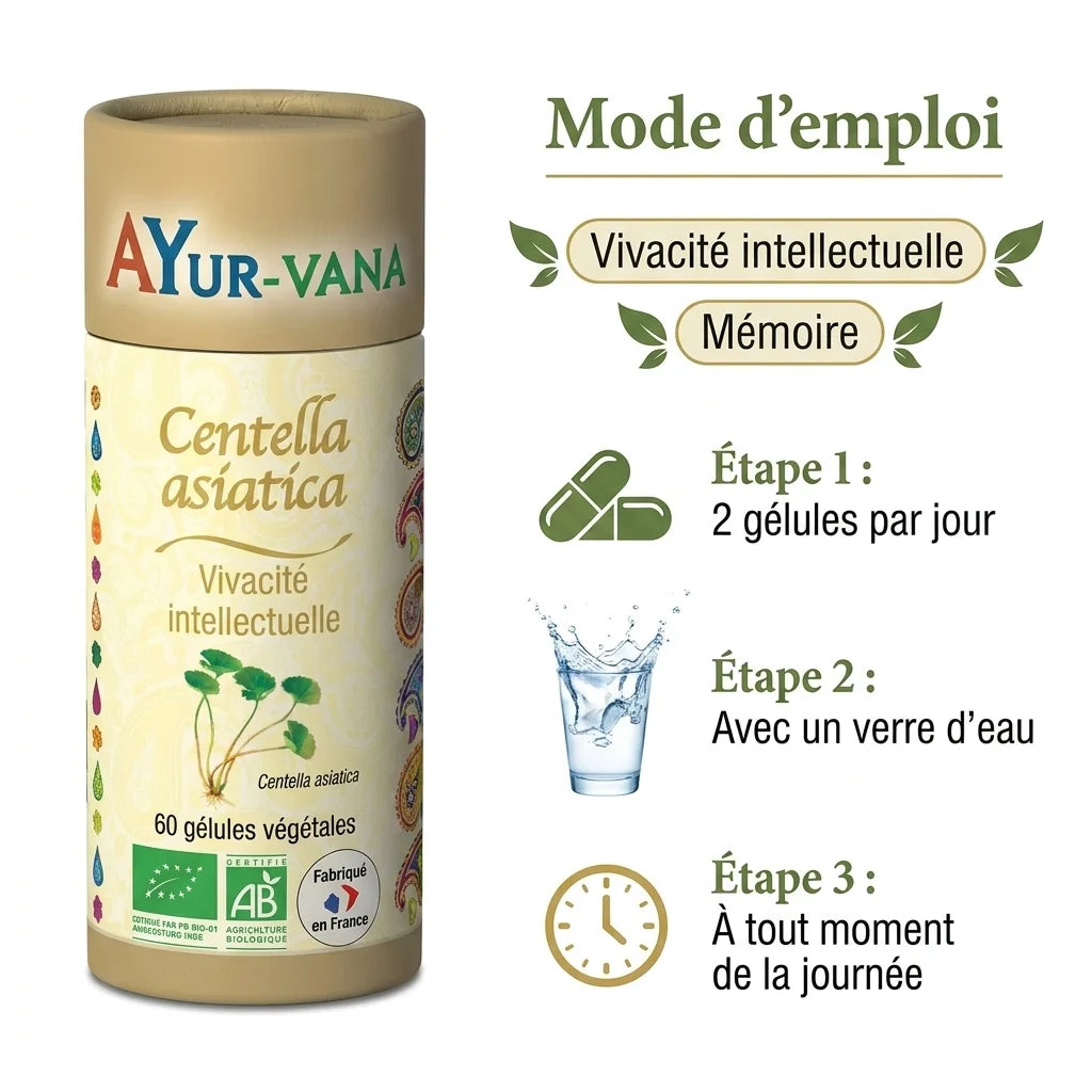 Centella Asiatica bio gélules Ayurvana avec mode d'emploi et bénéfices mémoire vivacité