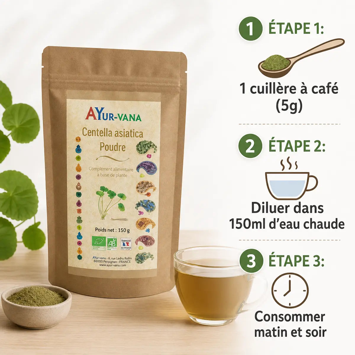 Centella asiatica bio poudre 150g AYur-vana avec guide posologie 3 étapes