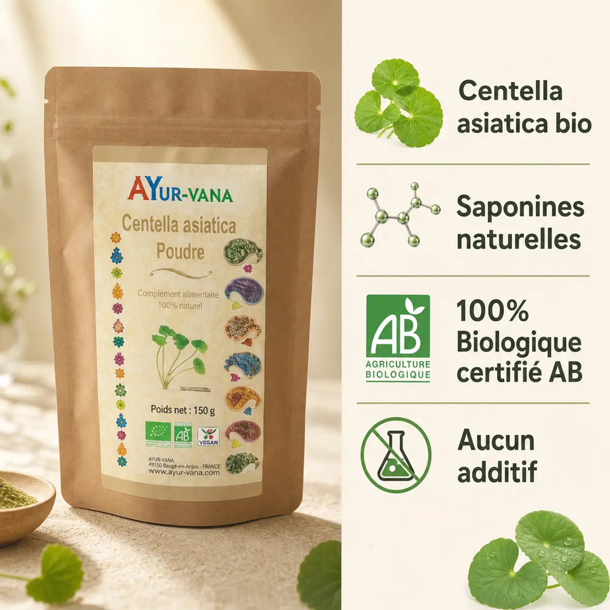 Centella asiatica bio poudre 150g AYur-vana avec infographie ingrédients naturels certification AB