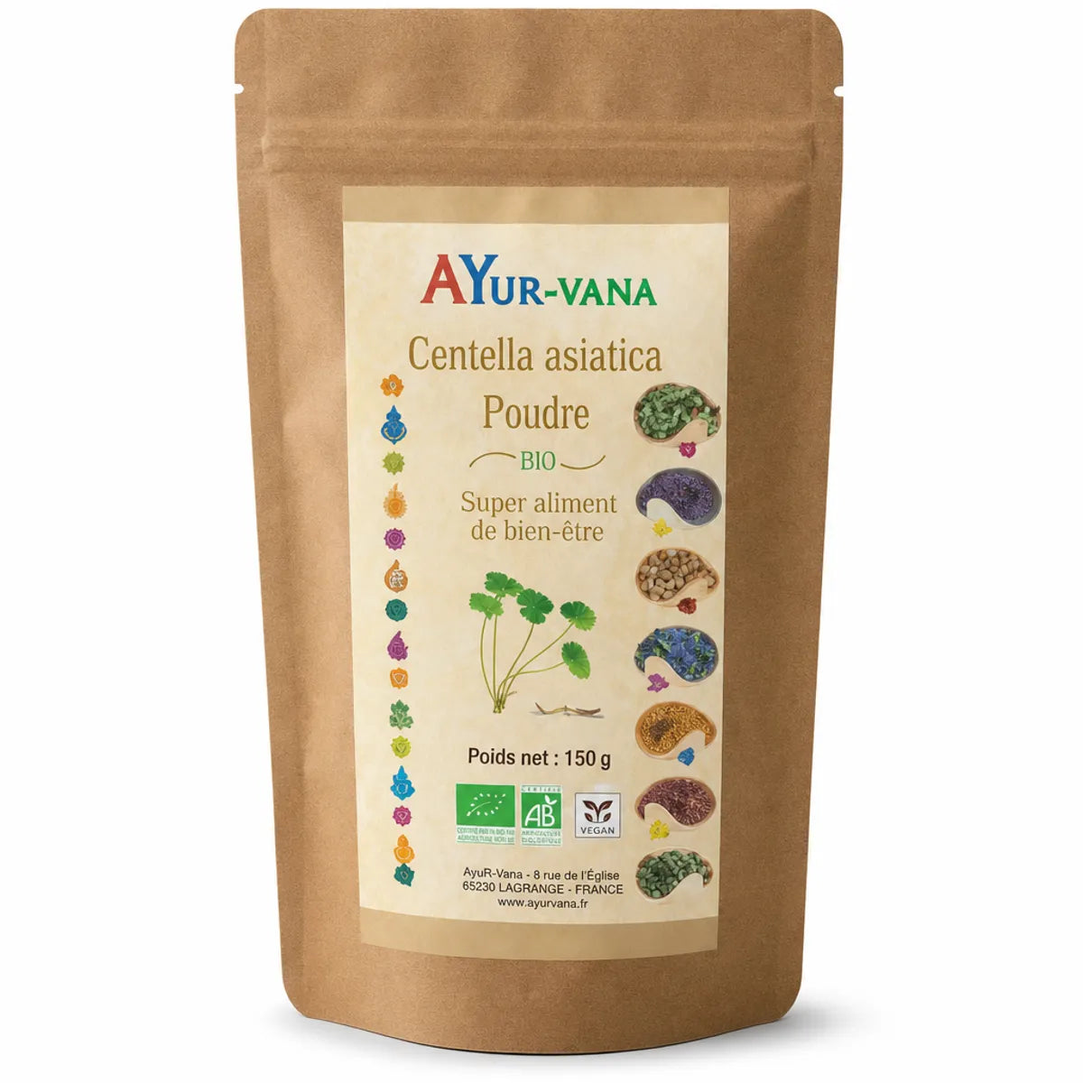 Poudre de Centella asiatica bio 150g AYur-vana sur fond blanc, produit ayurvédique naturel