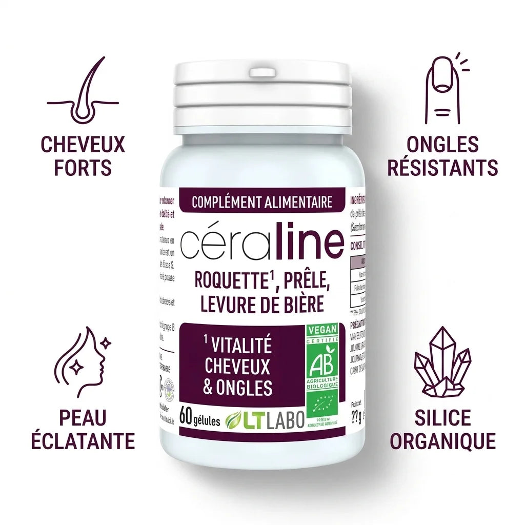 Ceraline Bio gélules vegan avec bénéfices cheveux, ongles, peau et silice organique